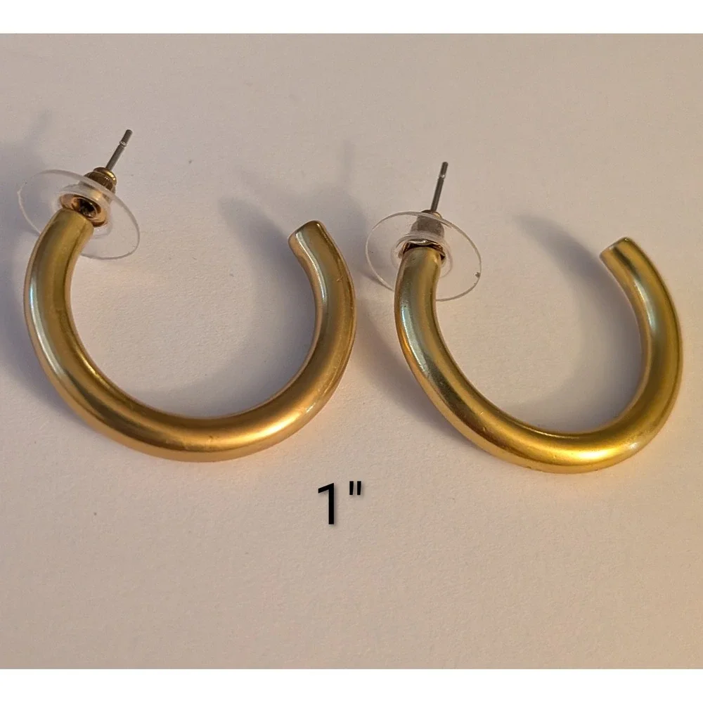 Gold Tone Matte Thick C Hoop Earrings Minimalist 1 Inch Post Backs